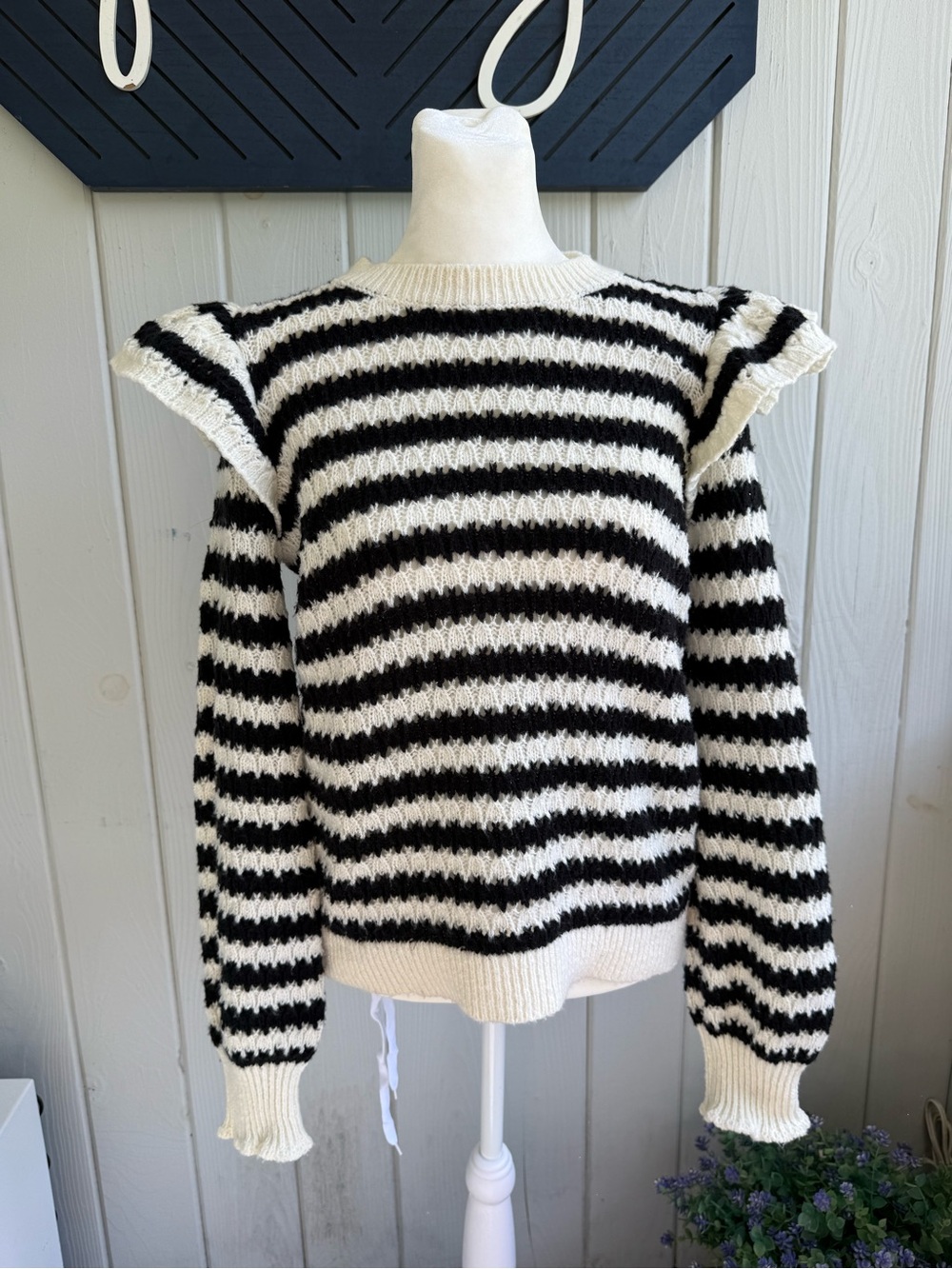 LOFT Black and White Striped Ruffle-Shoulder Crew Sweater
